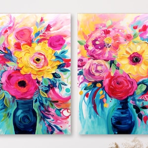 Flower Bouquet Set of 2 Floral Printable Posters, Trendy Abstract Digital Art Hot Pink Blue, Large Unique Painting Printable Prints Fine Art