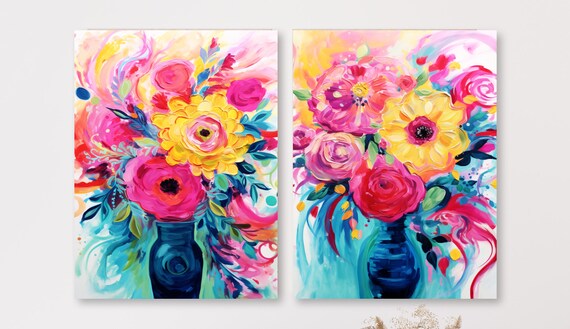 Flower Bouquet Set of 2 Floral Printable Posters, Trendy Abstract Digital Art Hot Pink Blue, Large Unique Painting Printable Prints Fine Art