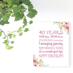 40 Year Birthday Card or POSTER 40th Birthday Sign Gift Digital File Instant Download 40th Birthday for Women PRINTABLE Decorations image 2