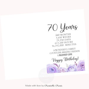 70th BIRTHDAY CARD, PRINTABLE, Instant Downloadable Digital File ...