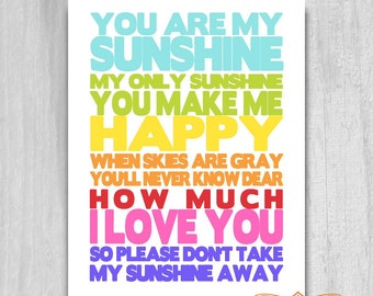 You Are My Sunshine Rainbow Typography Nursery Inspirational Word Art Printable DIY Baby Shower Gift Decor Digital Download