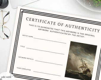 Certificate of Authenticity, Editable CANVA Template, Printable 8.5x11" Edit and Print Artist Certificate Proof for Art Authentic Art Photo