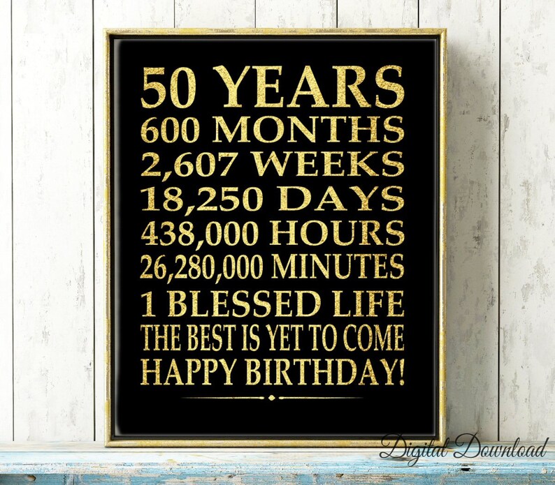 50th Birthday Sign Digital File Instant Download Birthday GOLD Poster 50 Year Birthday Gift Days Hours Minutes PRINTABLE A4 11X14 16X20 image 3