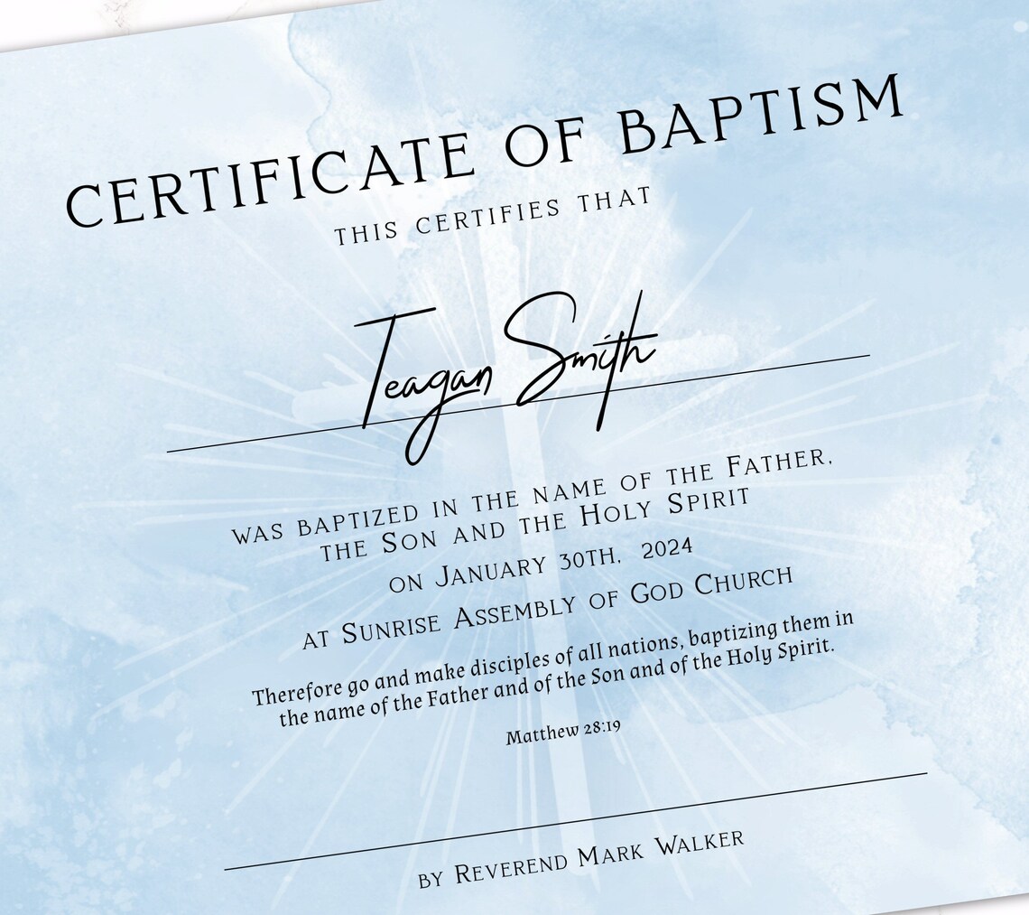 CERTIFICATE of BAPTISM Printable Template Water Baptism - Etsy