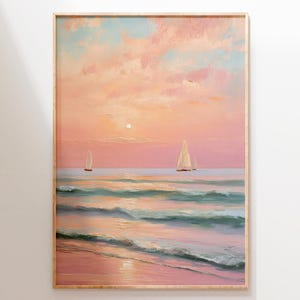 Pink Sunset Sailboat Print: Vintage Coastal Wall Art (Digital Download)
