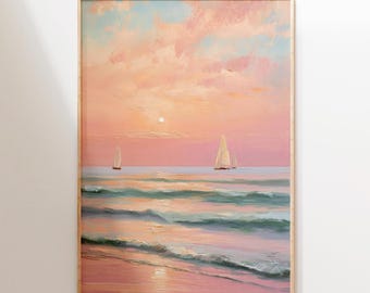 Pink Sunset Sailboat Print: Vintage Coastal Wall Art (Digital Download)