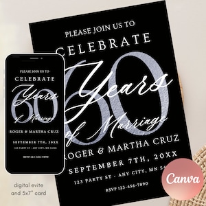 Faire-part de mariage 60 ans, TÉLÉCHARGEMENT IMMÉDIAT, édition avec les invitations CANVA 60e anniversaire, noir pailleté argenté - Bonus