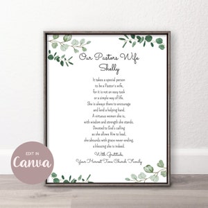 PASTORS WIFE Thank you Gift Printable, Canva Template Appreciation Gift Idea, Personalized Poem Greenery Sign Sentimental Ministers Wife