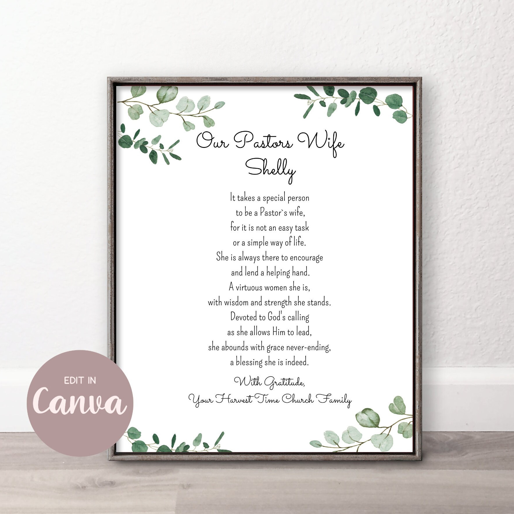 PASTORS WIFE Thank you Gift Printable, Canva Template Appreciation Gift Idea, Personalized Poem Greenery Sign Sentimental Ministers Wife