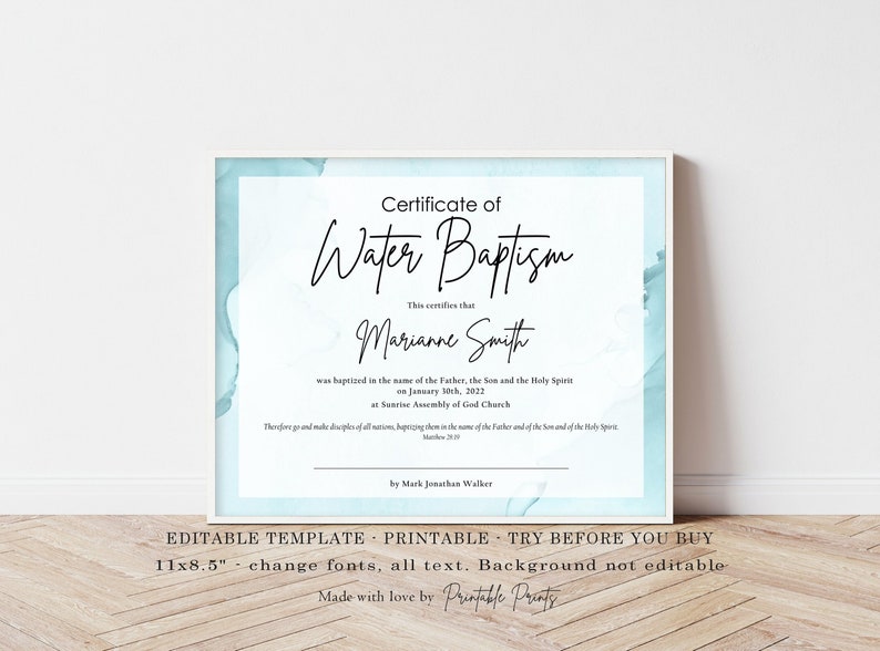 BAPTISM CERTIFICATE, Printable Template, Editable Digital Download, Modern Personalized, Certificate Gift, Edit and Print, Blue Watercolor image 2