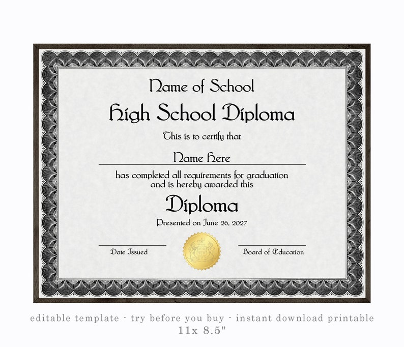 Printable High School Diploma Custom Diploma Instant Etsy