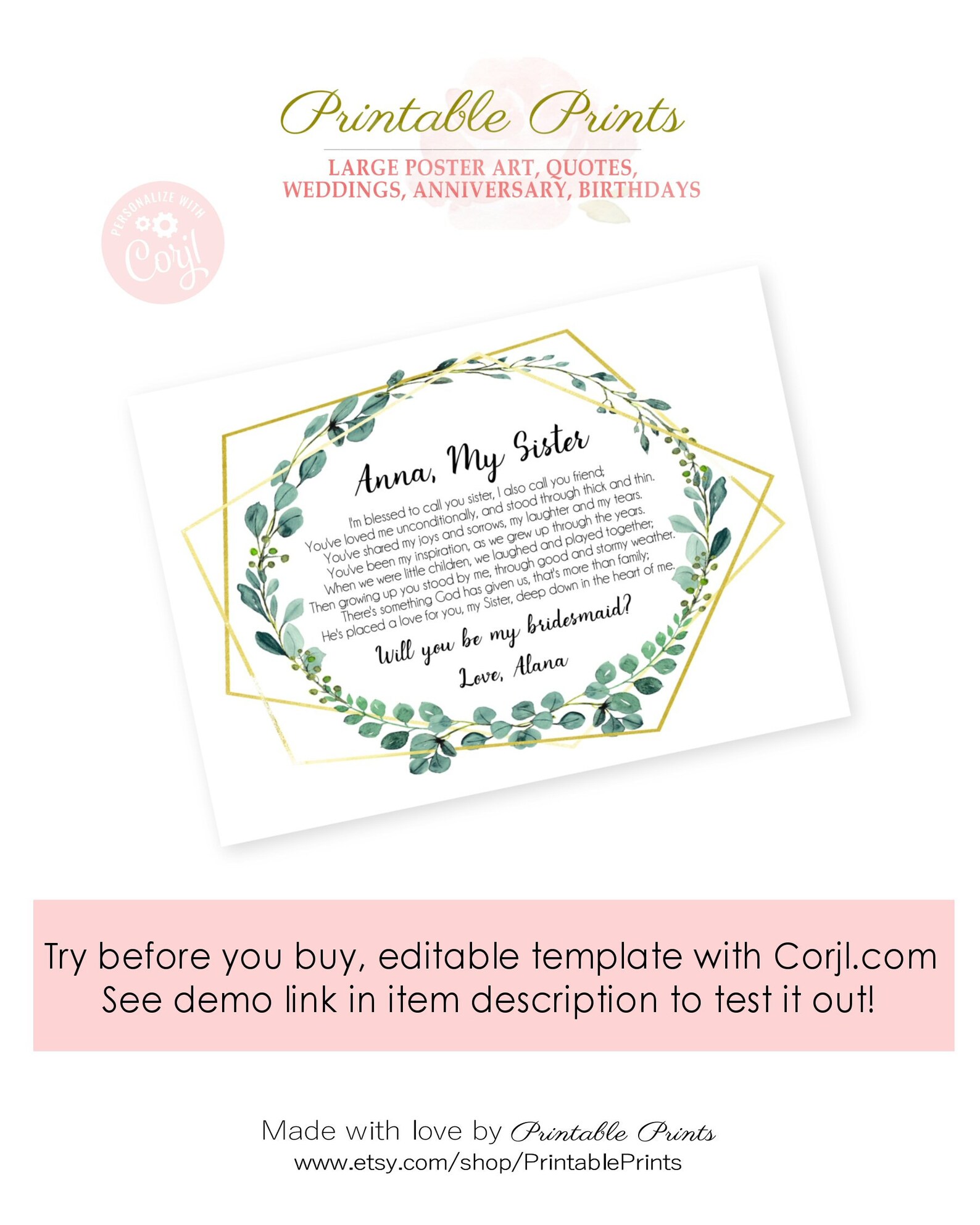 EDITABLE SISTER POEM Template Printable Diy Template Card | Etsy