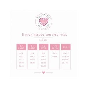 May include: A digital graphic displaying 5 high resolution JPEG files at 300 DPI. The text includes Printable Prints by Christine and lists various aspect ratios and dimensions in inches, including 2:3, 3:4, 4:5, 11:14, and A1-A4 formats.