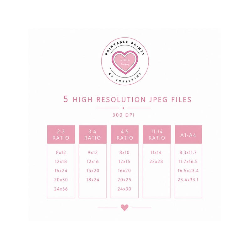 May include: A digital graphic displaying 5 high resolution JPEG files at 300 DPI. The text includes Printable Prints by Christine and lists various aspect ratios and dimensions in inches, including 2:3, 3:4, 4:5, 11:14, and A1-A4 formats.