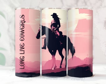 Long Live Cowgirls Pink Tumbler Sublimation Wrap, Pink Pop Art Cow Girl and Horse 20oz Straight PNG