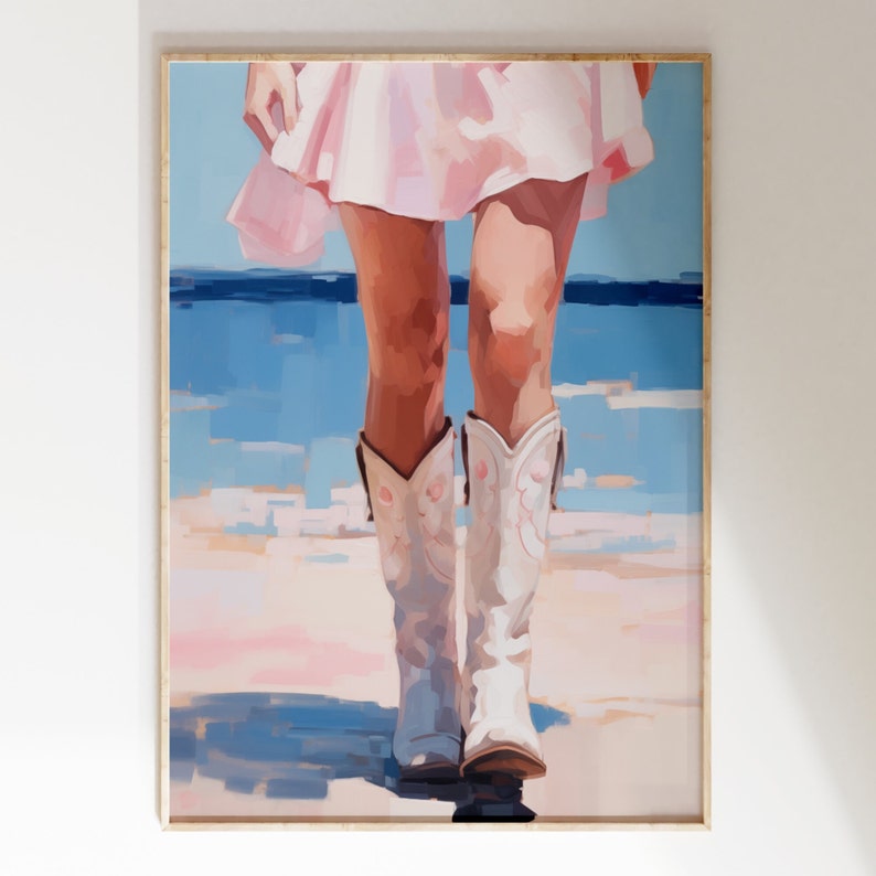 K&ouml;nnte beinhalten: Ein Gem&auml;lde einer Person, die einen rosa Rock und wei&szlig;e Cowboystiefel tr&auml;gt und an einem Strand entlangl&auml;uft.