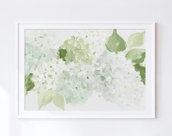 Hydrangea Art Print, Sage Green White Printable Beach House Decor, Cottagecore Wall Art, Grandmillennial Art, Coastal Decor, Neutral Modern