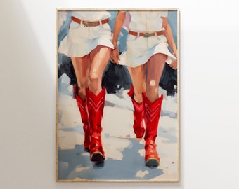 Coastal Cowgirls Red Boots Printable Print, Christmas Printable Art, Trendy Dorm Room Digital Download, Over the Bed Art Vintage Retro Decor