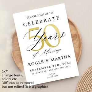 May include: A white invitation card with black text announcing a 50th wedding anniversary celebration for Roger and Martha. The text "50 Years of Marriage" is in gold script with a black outline. The date, location, and RSVP information are included.