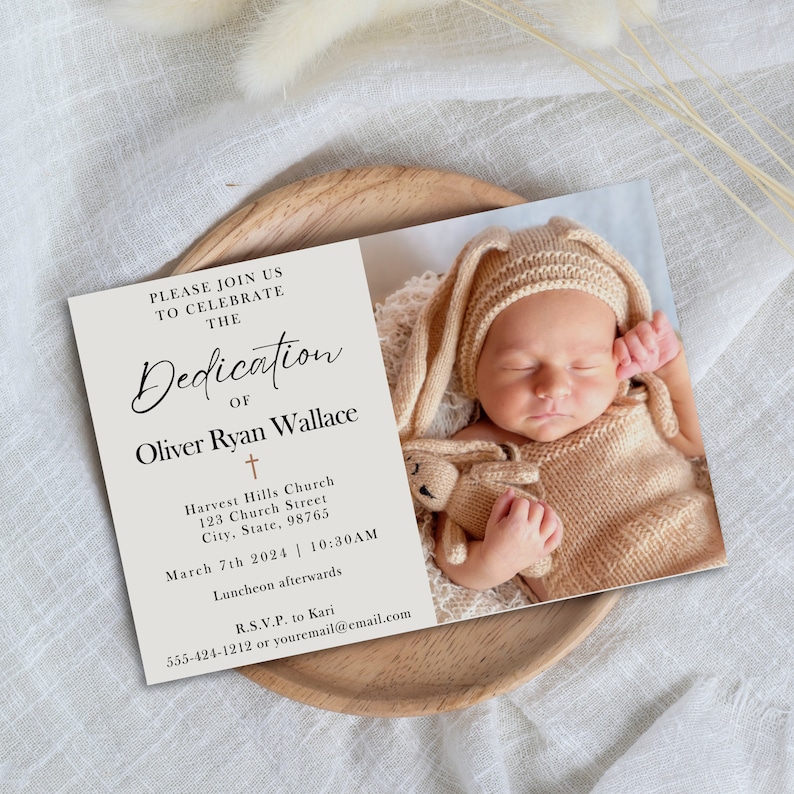 BABY DEDICATION Invitation Template, Editable in Canva, Minimalist Design, Add Baby Photo Printable Invite Digital Instant Download, 5x7 4x6 image 6