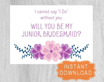 Will You Be My Junior Bridesmaid Proposal PURPLE Wedding Printable Cannot Say I Do Pretty Princess  5x7 INSTANT DOWNLOAD Digital File diy