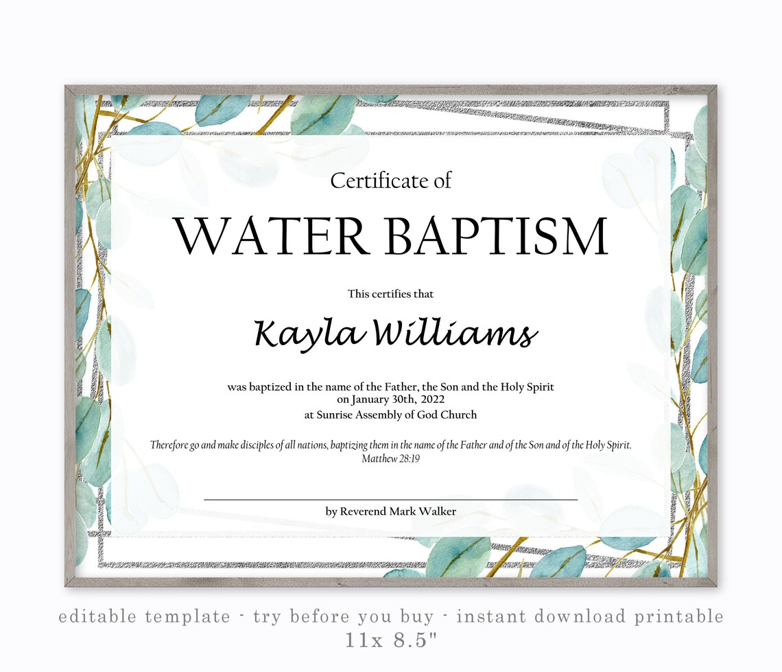 Water Baptism Printable Certificate Editable Template - Etsy
