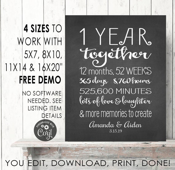 1 Year Together Anniversary Sign Editable Printable Instant Etsy