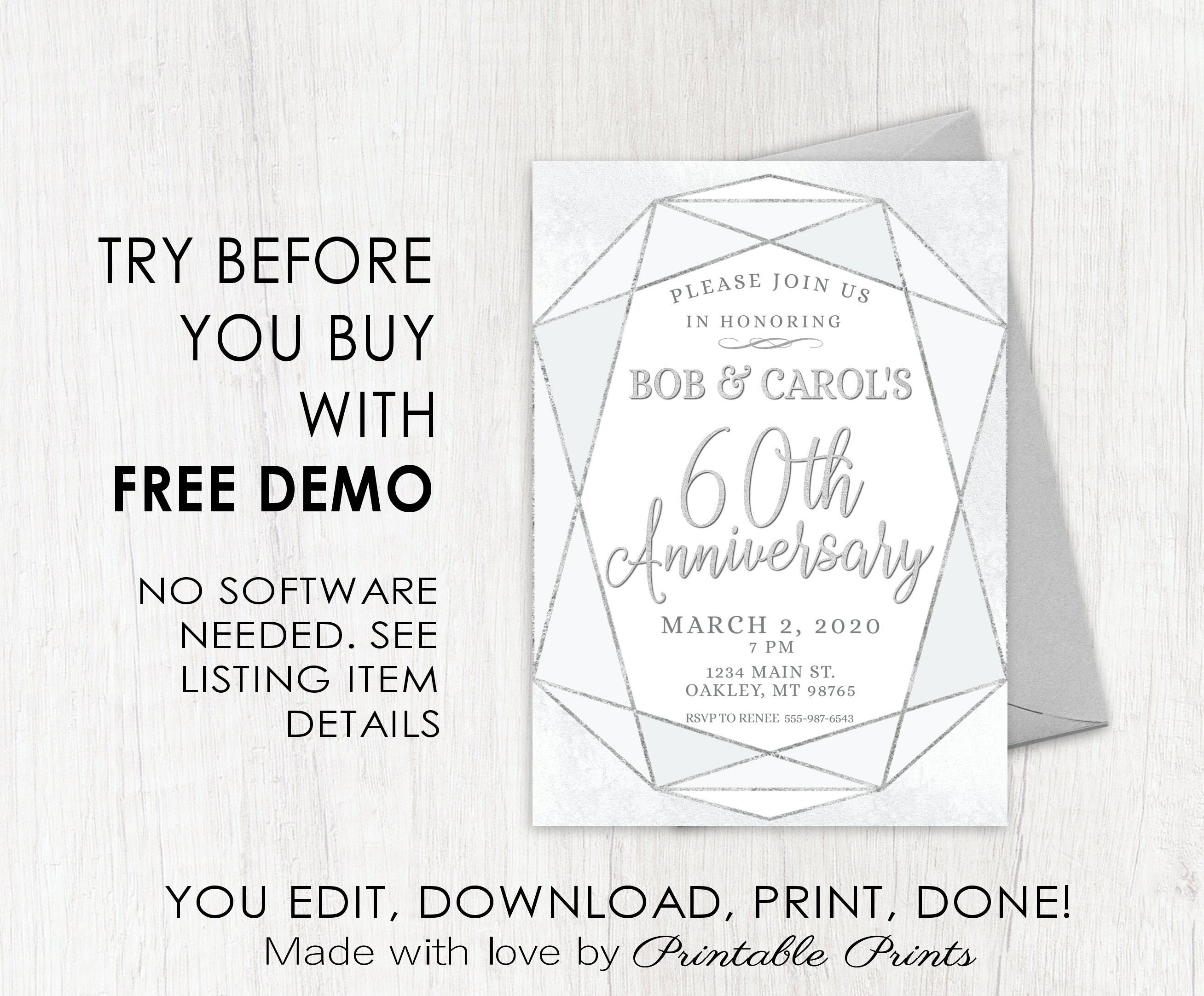 60th anniversary invitation editable template party invite