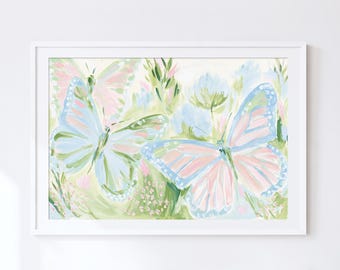 Butterfly Wall Art, Pastel Floral Abstract Poster, Printable Print, Pink Blue Nursery Decor, Baby Nursery Painting, Instant Download Large