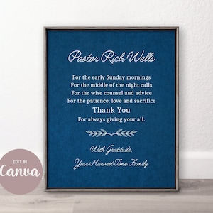 Regalo de agradecimiento para pastor, plantilla CANVA de poema personalizado editable e imprimible para pastor, regalo sentimental, arte de pared.