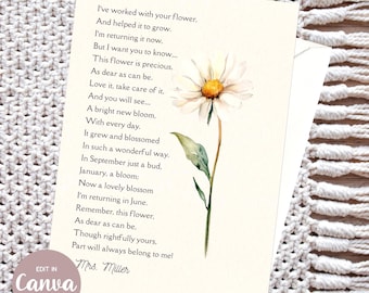 Gift from Teacher to Parents of Child, Teaching Sentimental Poem, Edit with Canva, Printable Card Floral Art Instant Digital Download File