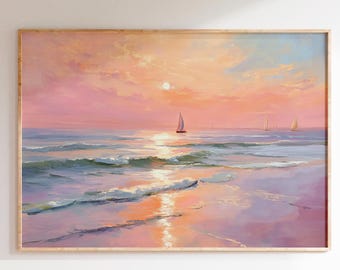 Coastal Pink Sailboat Wall Art Printable Print Sailboat at Sunset Beach House Decor, Digital Download