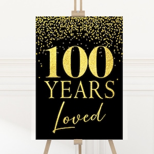 Cartaz para impressão de 100 anos de aniversário amado, decoração para festa de boas-vindas de 100 anos, arquivo digital, download instantâneo 24x36, 5 tamanhos, preto e dourado