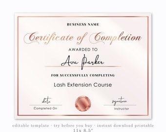 Certificate of Completion Template Printable Award Certificate Beauty Course Certificate for Lashes, Makeup, Hair, Body Wrap Rose Gold