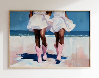 African American Art Print, Printable Coastal Cowgirl Poster Pink Boots Trendy Bedroom Wall Art Decor, Beach Digital Download Aesthetic Pink