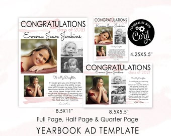 Senior Yearbook Ads Template -  Edit Full Page, Half Page & Quarter Page, High School Senior ANY YEAR Book Photos - You Customize Rose Gold