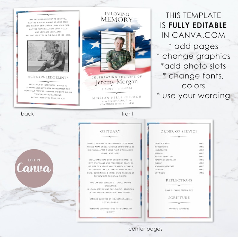 Peut inclure: Un mod&egrave;le de programme fun&eacute;raire avec un motif de drapeau am&eacute;ricain patriotique. Le recto affiche la photo d'un homme, le texte In Loving Memory, Jeremy Morgan et les d&eacute;tails du service. Le verso et les pages centrales incluent l'avis de d&eacute;c&egrave;s.
