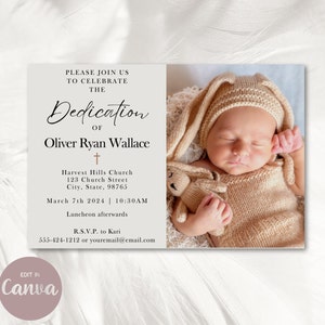 BABY DEDICATION Invitation Template, Editable in Canva, Minimalist Design, Add Baby Photo Printable Invite Digital Instant Download, 5x7 4x6 image 1