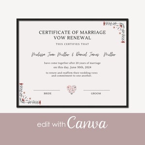 Heiratsurkunde Canva Gelübde Erneuerung Hochzeitsvorlage, bearbeitbarer druckbarer Druck, minimalistisches modernes Blumenbild, kostenlose Grafik in Canva bearbeiten