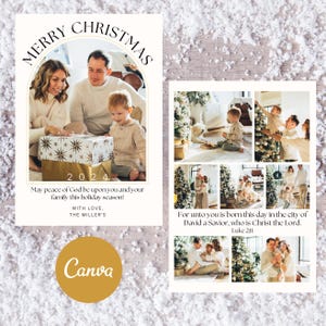 Puede incluir: Una tarjeta de Navidad con una foto familiar en un arco dorado. El texto dice "Feliz Navidad 2024" y "Que la paz de Dios est&eacute; con ustedes y sus familias en esta temporada navide&ntilde;a! Con amor, Los Miller".
