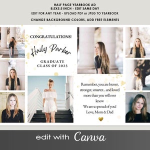 YEARBOOK Ad Canva Template, GOLD HEART Elements Half Page  Editable Layout,  Custom Girl Guy Senior Graduate 2024 High School Ad