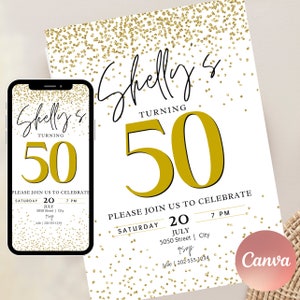 50. GEBURTSTAGS-Einladungsvorlage, bearbeitet mit Canva, bearbeitbare 50 Jahre Party Einladung oder Karte, digitaler Sofort-Download, Gold, weiss