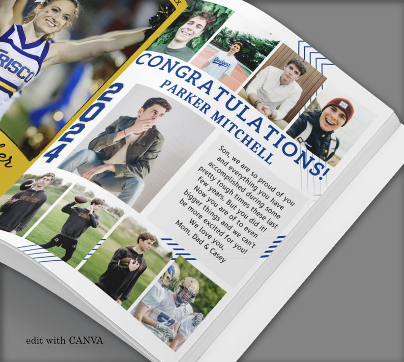 YEARBOOK AD Template Full Page CANVA, Editable Layout, Guys Modern Senior High School Graduate 2024 Add your Photos 8.5x11 inch Grad Custom image 1