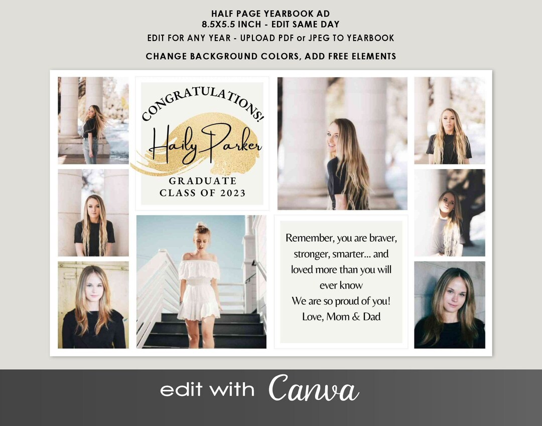 Half Page YEARBOOK AD Canva Template, 2026 Editable Layout, Gold White ...