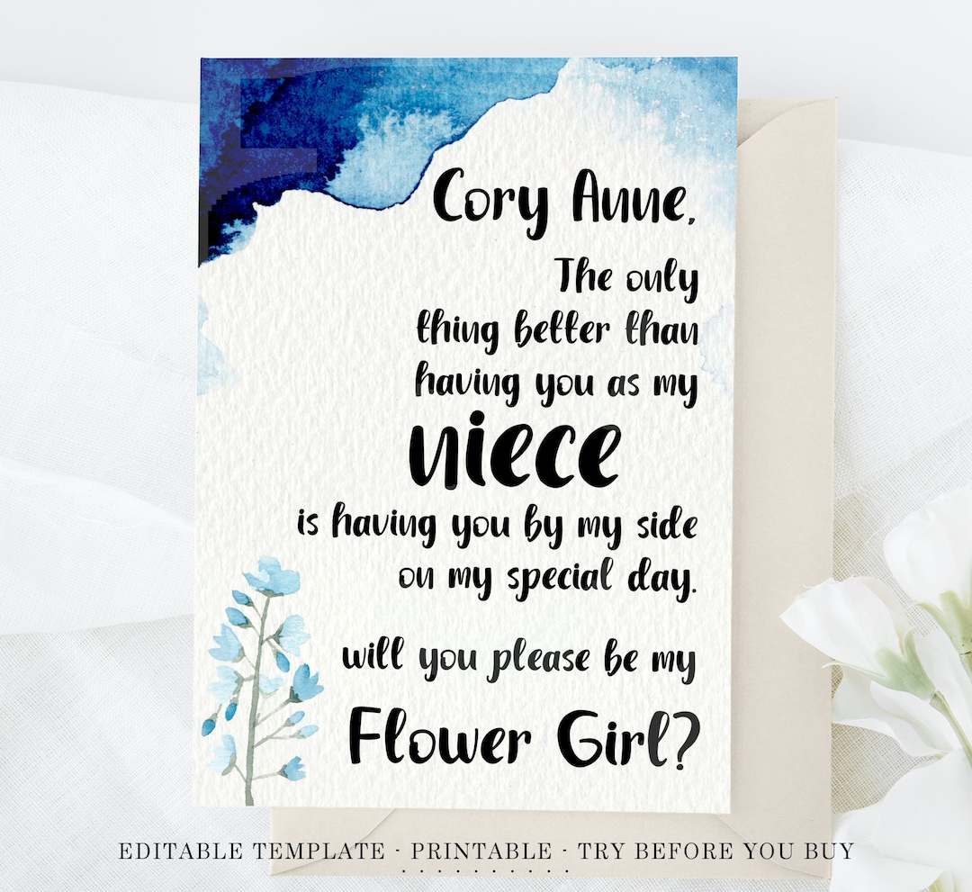 FLOWER GIRL Proposal, Blue Watercolor Card, Niece or Custom, Editable