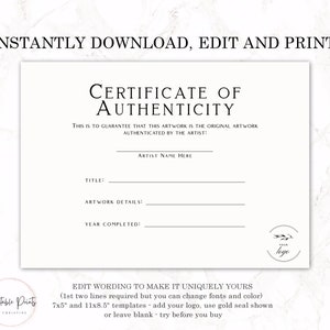 Certificate of Authenticity Template, Editable Printable Document 7x5 ...
