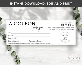 Minimalist COUPON Template, Editable Printable Coupons for your Business, Customize Voucher, Add your Logo and Details, Instant Download