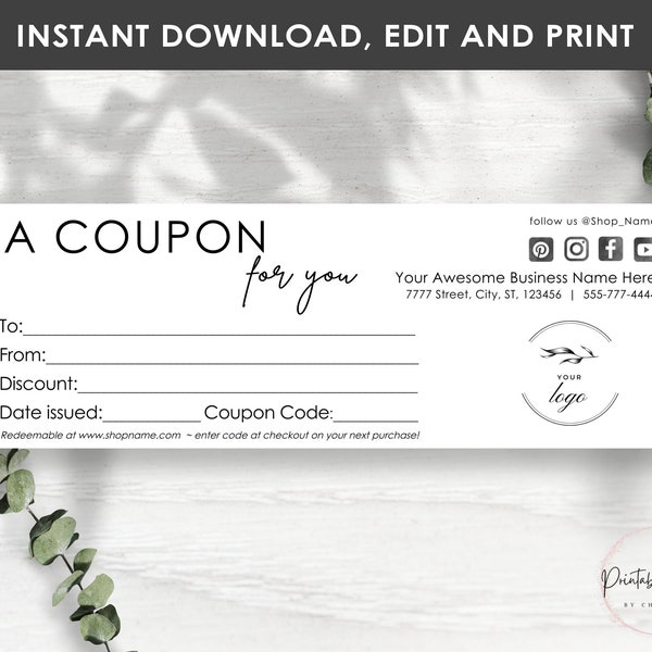 Minimalist COUPON Template, Editable Printable Coupons for your Business, Customize Voucher, Add your Logo and Details, Instant Download