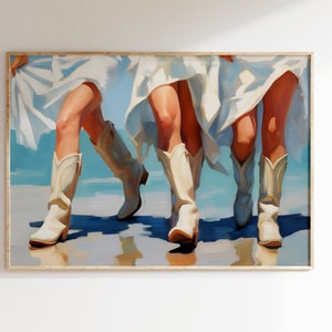 Póster imprimible de vaquera costera, decoración de pared para dormitorio universitario de 3 botas, descarga digital, estilo apartamento azul.