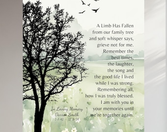 Sympathy Gift Family Tree Poem, A Limb Has Fallen Printable, Canva Template, Custom Memorial Digital Download Art